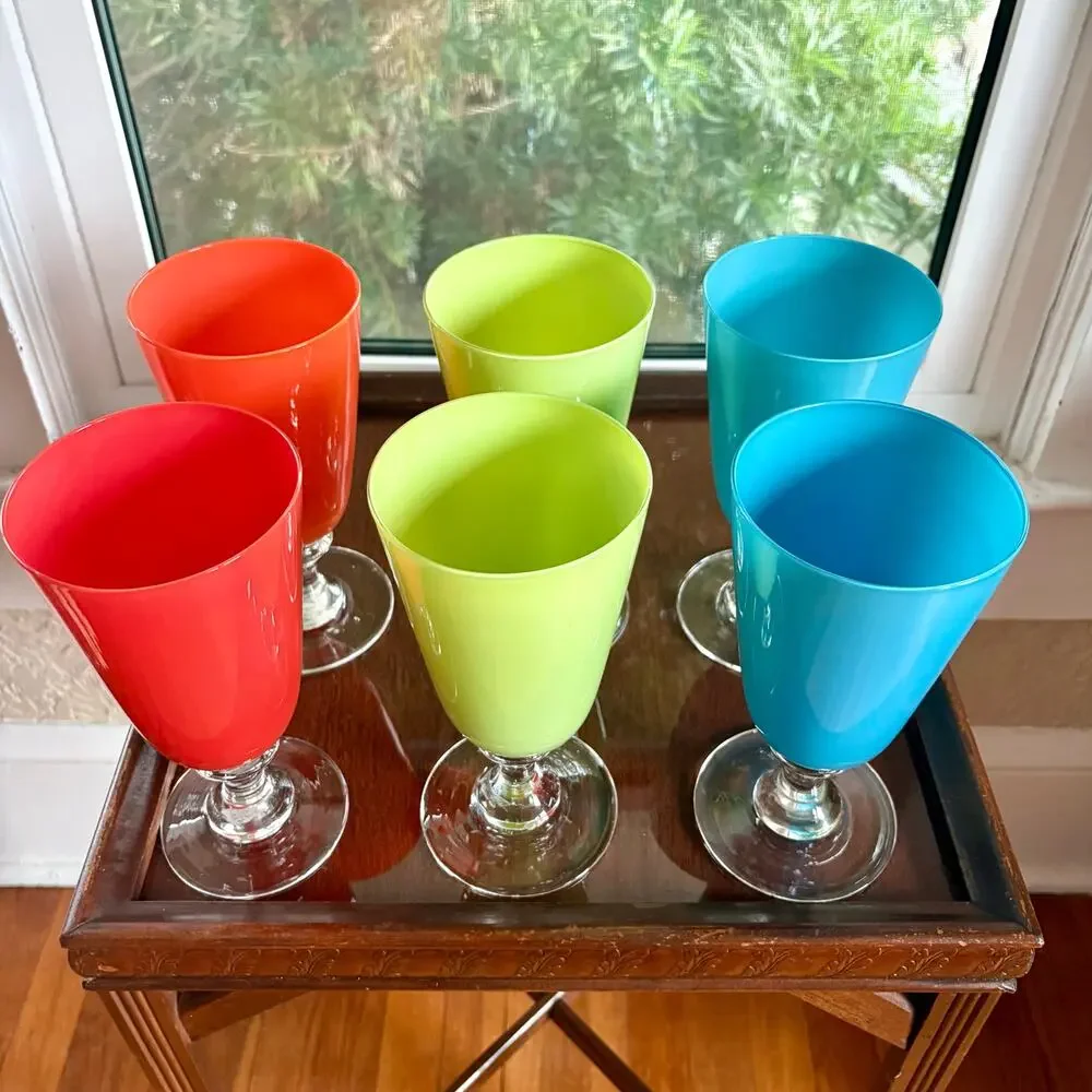 Vintage Hand Blown Colorful Glass Goblets Set of 6 Art Glass